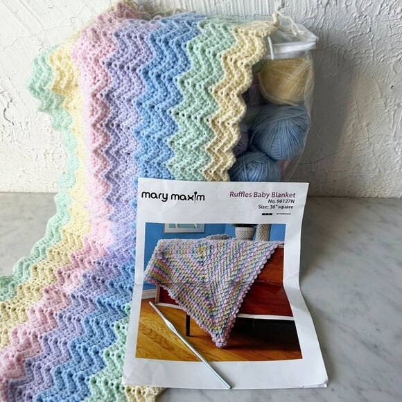 Mary Maxim Ruffles Baby Blanket Kit-Baby's Best Yarn+Pattern 40" Square-Started - Picture 3 of 6